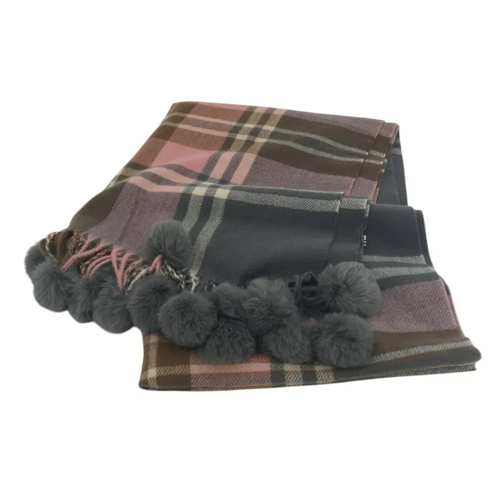 G‎ Scarf Wrap With Pom Poms Pink Gray Plaid Fringe
